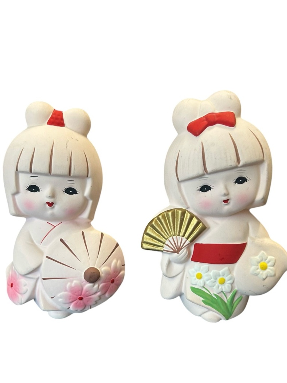 Set of 2 Vintage Porcelain Matte Bisque Asian Girl Figurines 6" ~ JAPAN MCM